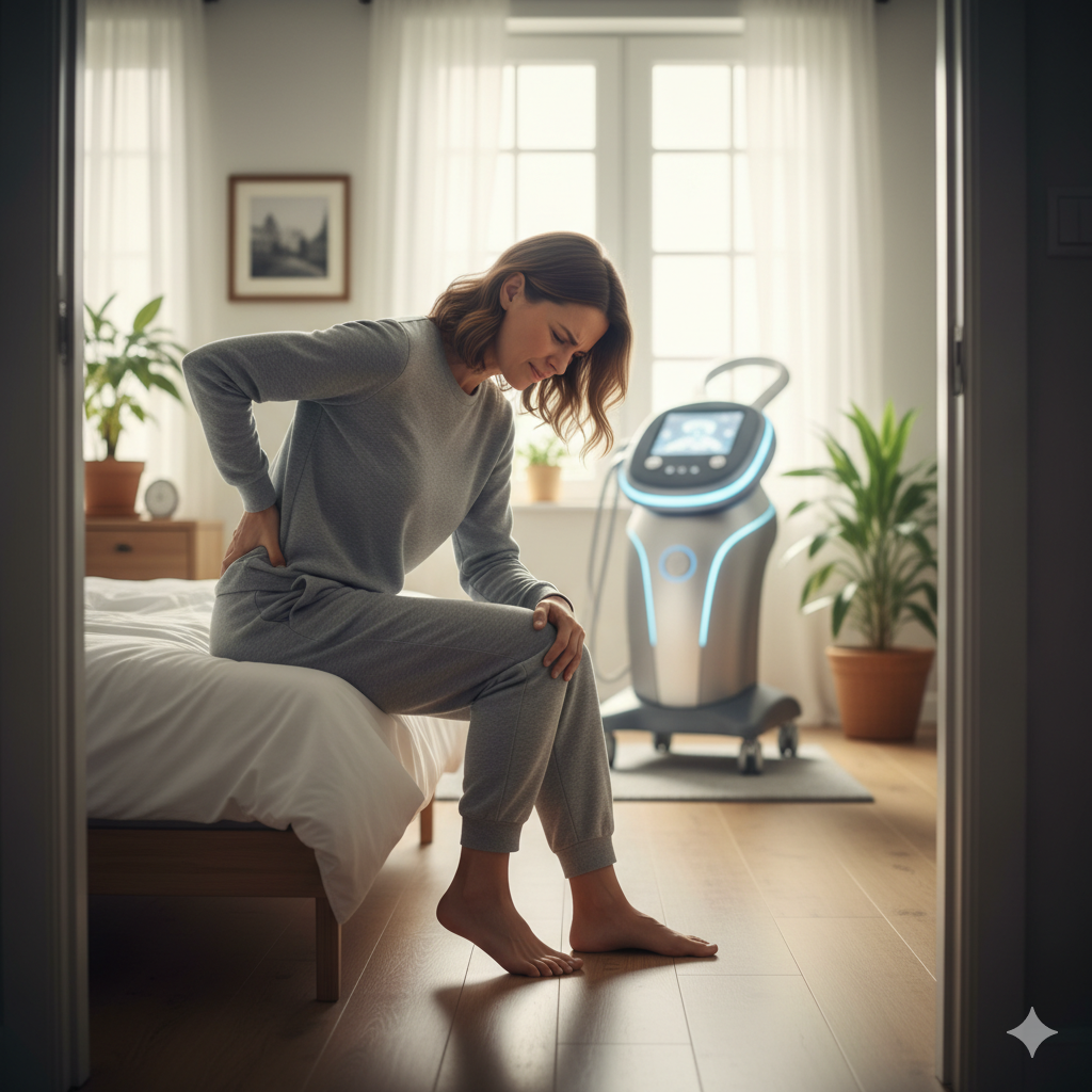 Mulher sentada na cama com dor característica de Hérnia de Disco