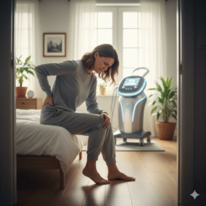 Mulher sentada na cama com dor característica de Hérnia de Disco